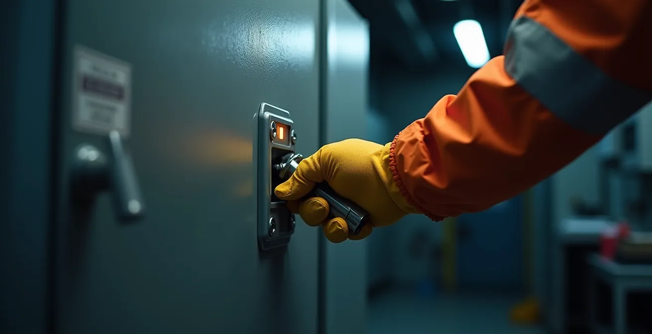 Technician in protective equipment accessing enclosure panel in industrial setting