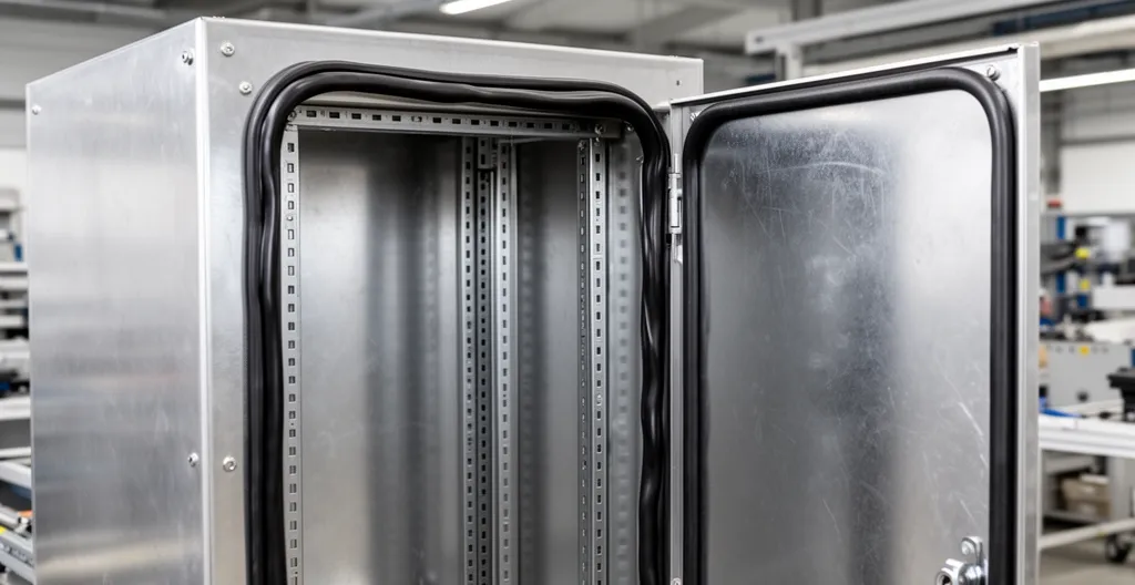 Industrial metal enclosure with door open showing interior mounting rails and rubber gasket seal