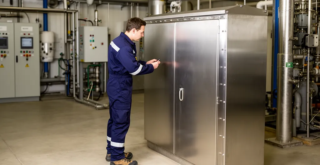 Maintenance technician examining stainless steel electrical enclosure cabinet from side angle