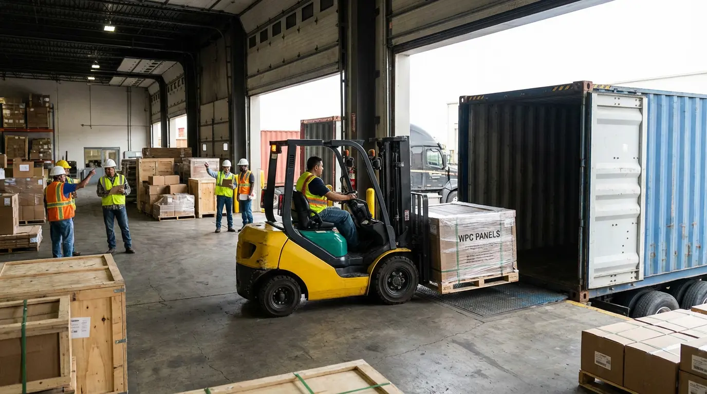 Container loading with palletized WPC panels at factory shipping dock