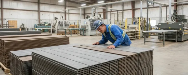 WPC panel production line with quality inspection in industrial warehouse