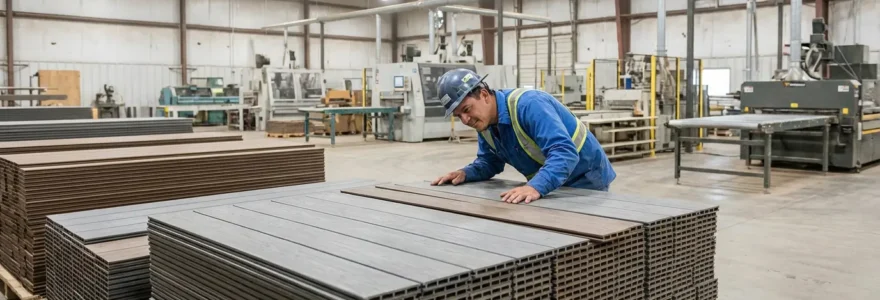 WPC panel production line with quality inspection in industrial warehouse