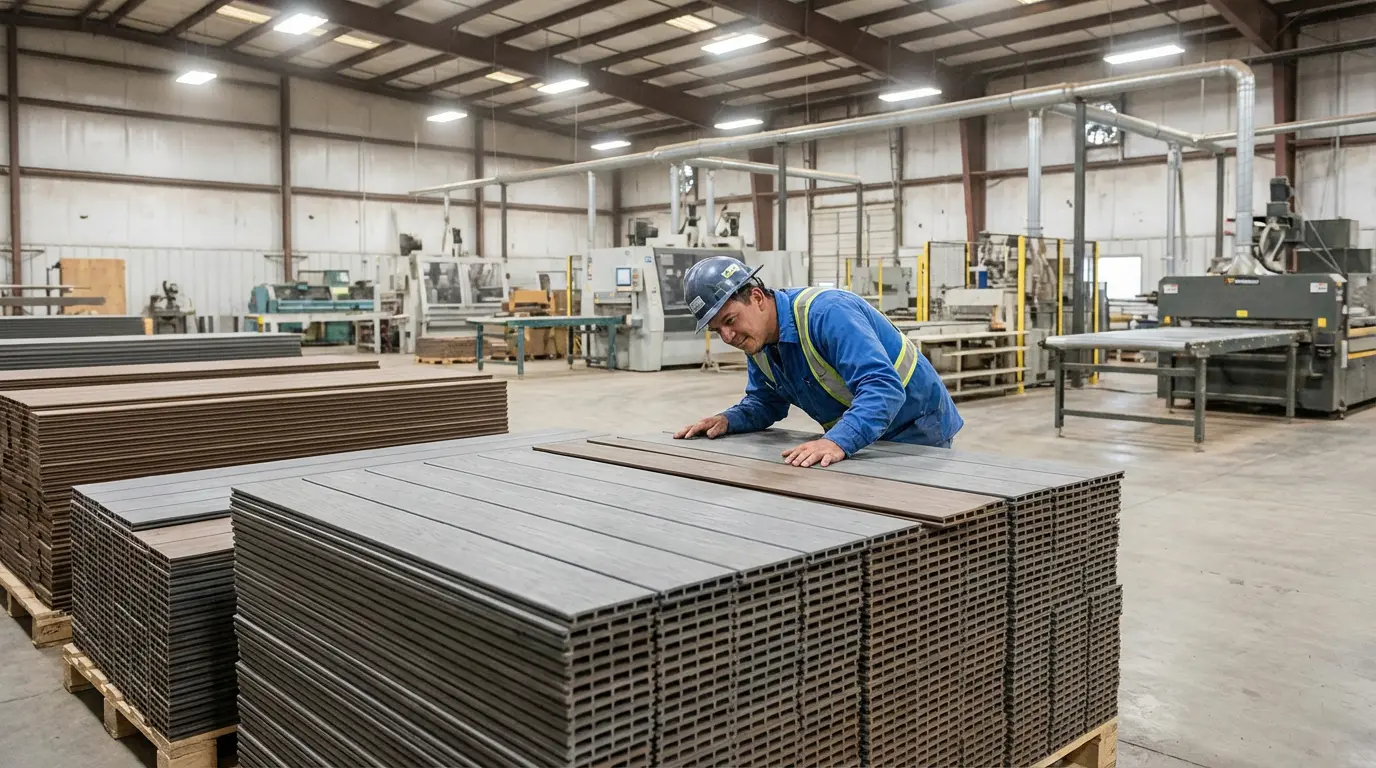 WPC panel production line with quality inspection in industrial warehouse