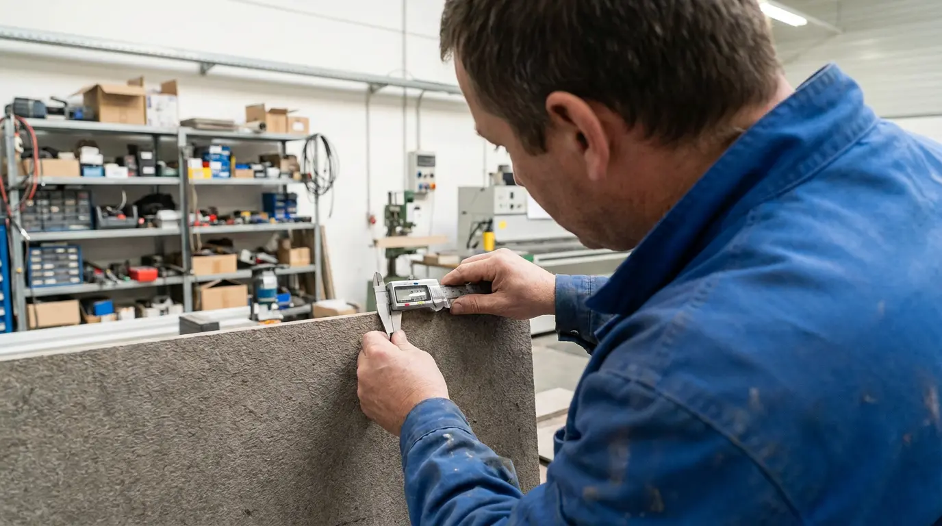 Quality control technician examining WPC panel surface finish in factory