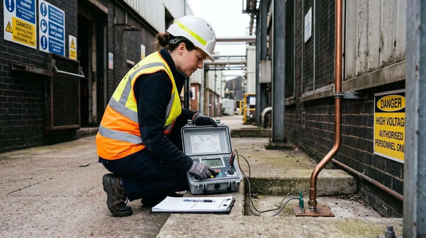 Documentary photograph of female specialist in high-visibility vest and hard hat using digital earth resistance testing equipment to inspect lightning protection earthing system at UK industrial facility—demonstrating professional compliance verification process