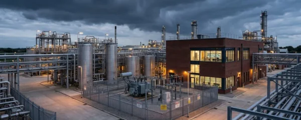 Wide-angle dusk photograph of UK chemical processing facility with outdoor pipework, storage vessels, control building showing SCADA infrastructure, and perimeter fencing under gathering storm clouds—elevated viewpoint showing spatial relationship between electronic systems and outdoor metal structures vulnerable to lightning strikes