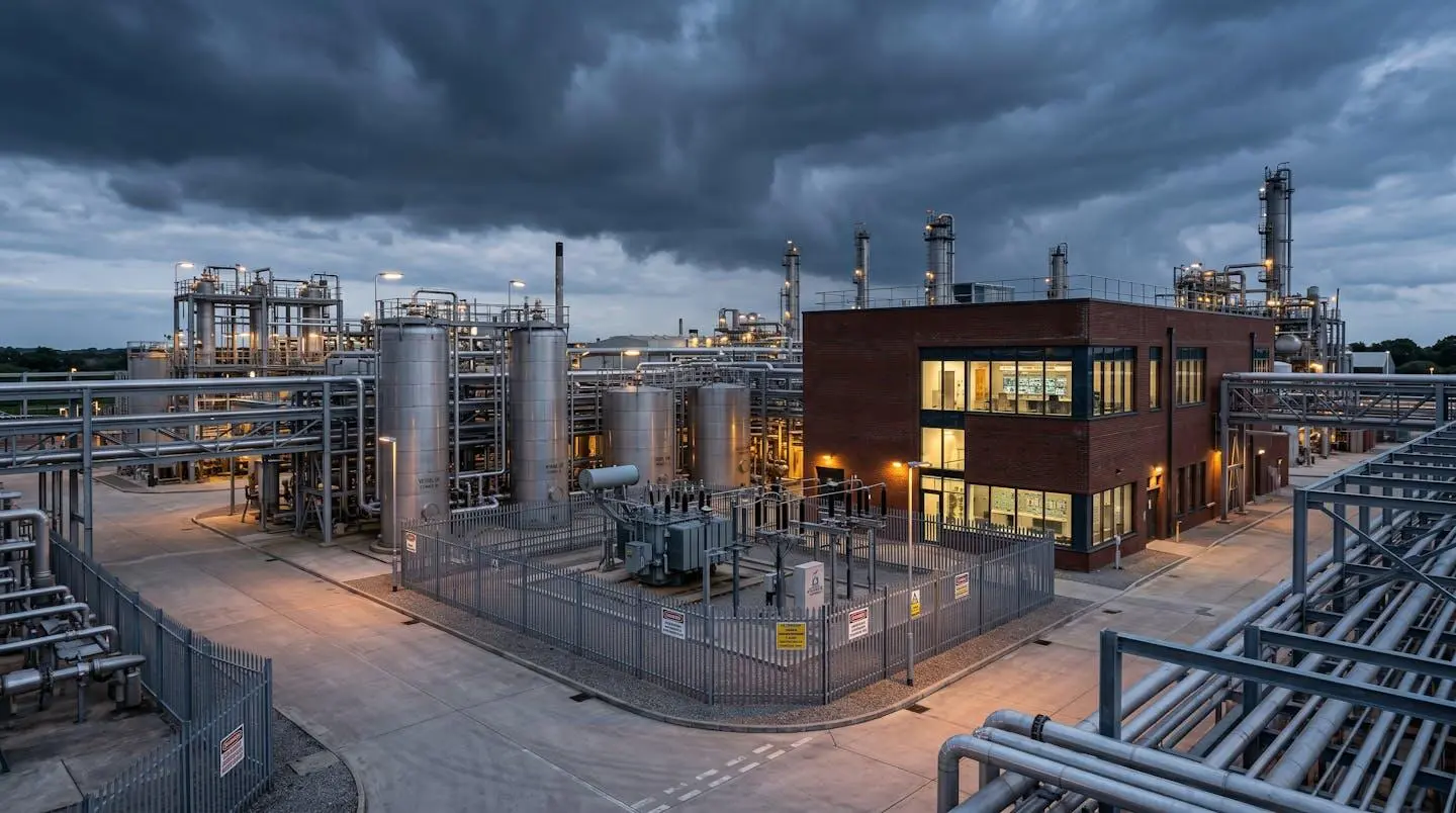 Wide-angle dusk photograph of UK chemical processing facility with outdoor pipework, storage vessels, control building showing SCADA infrastructure, and perimeter fencing under gathering storm clouds—elevated viewpoint showing spatial relationship between electronic systems and outdoor metal structures vulnerable to lightning strikes