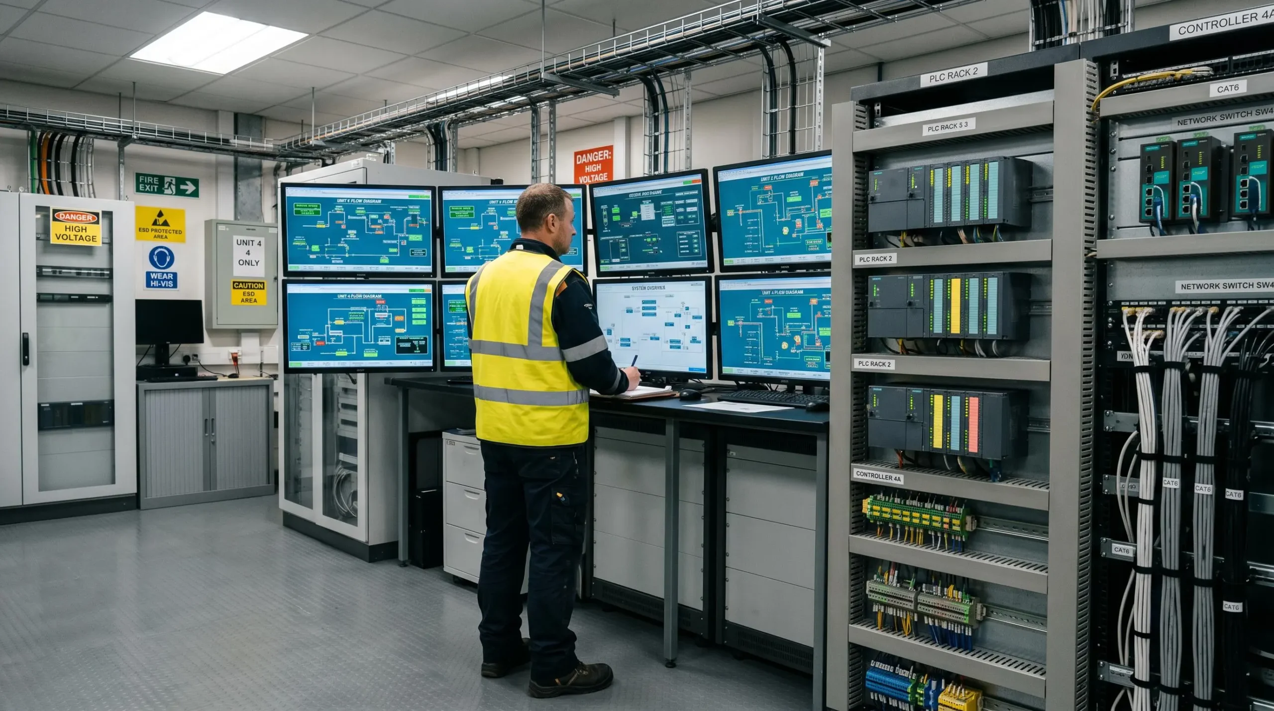 Interior photograph of UK industrial control room showing multiple SCADA display screens, rack-mounted PLCs, and network equipment with technician reviewing process data—dense electronic infrastructure vulnerable to lightning electromagnetic pulse damage