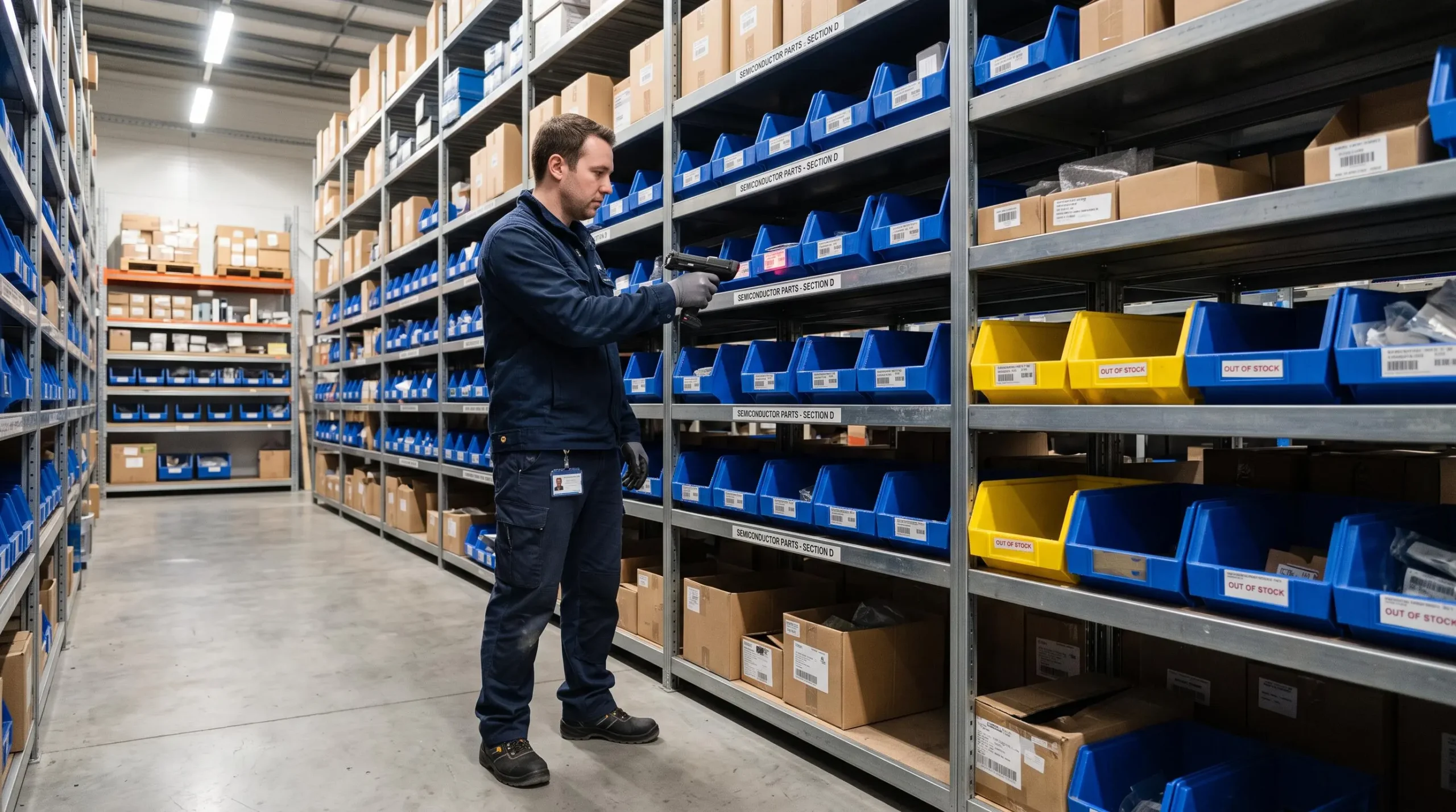 A storeroom specialist scans a shelf bin while auditing the stock of critical spare parts on tall shelving.