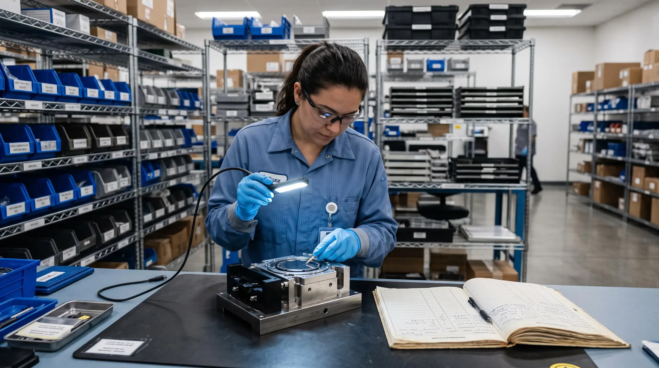 An inspector wearing anti-static gloves examines a semiconductor spare part under an inspection lamp on an ESD-safe workbench.