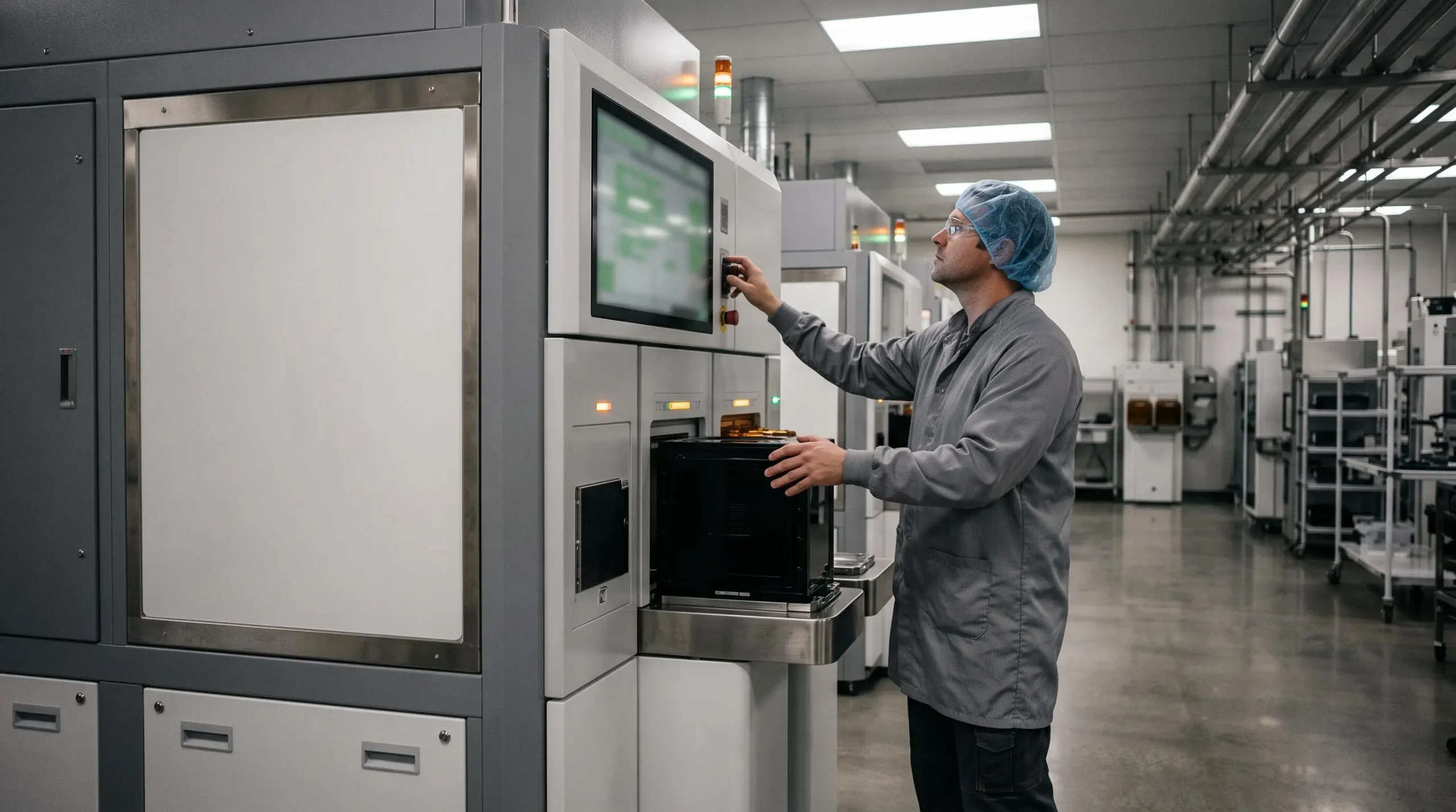 A technician loads a wafer cassette into a semiconductor inspection tool during a post-installation qualification.