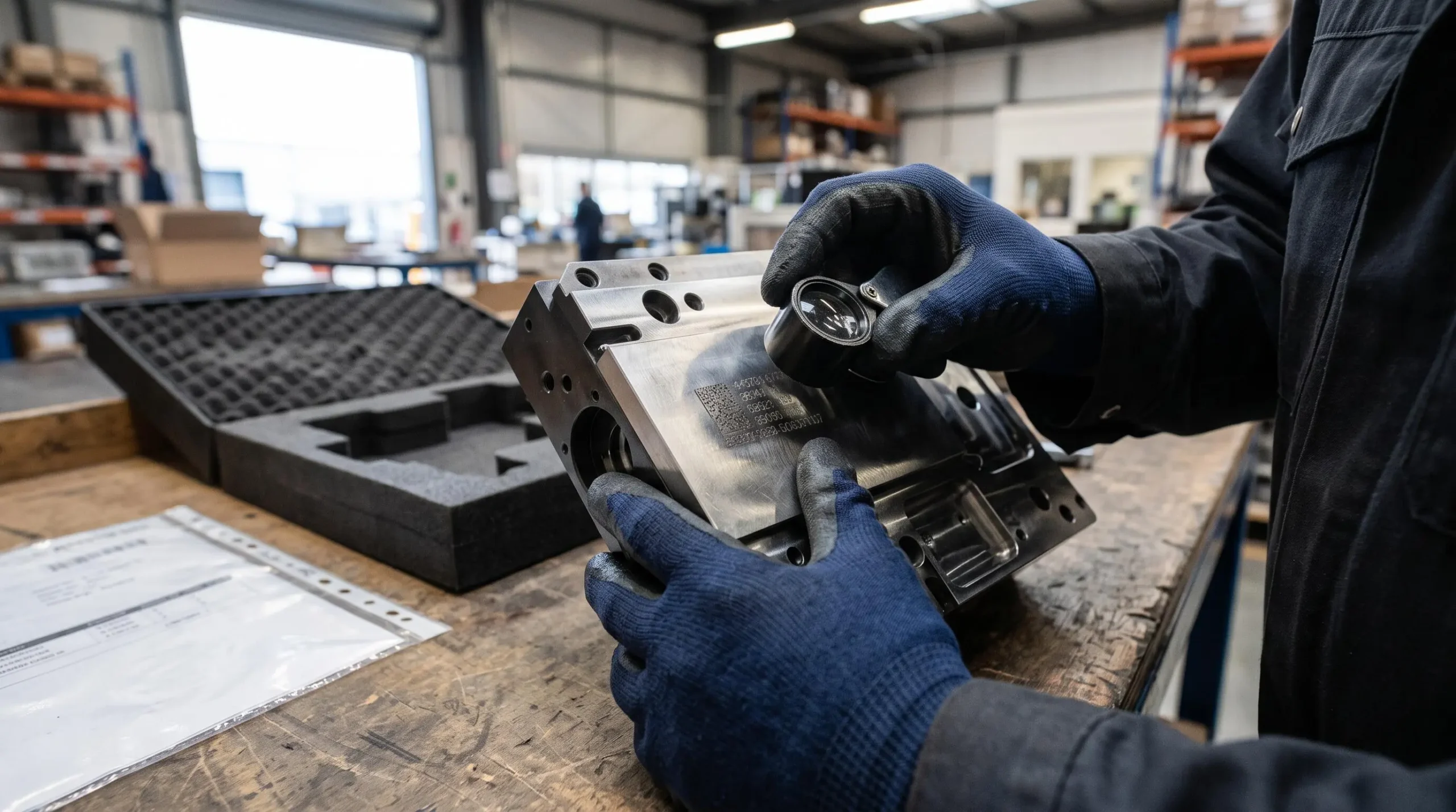 A technician uses a magnifying loupe to check engraved identification markings on a metal spare part module.