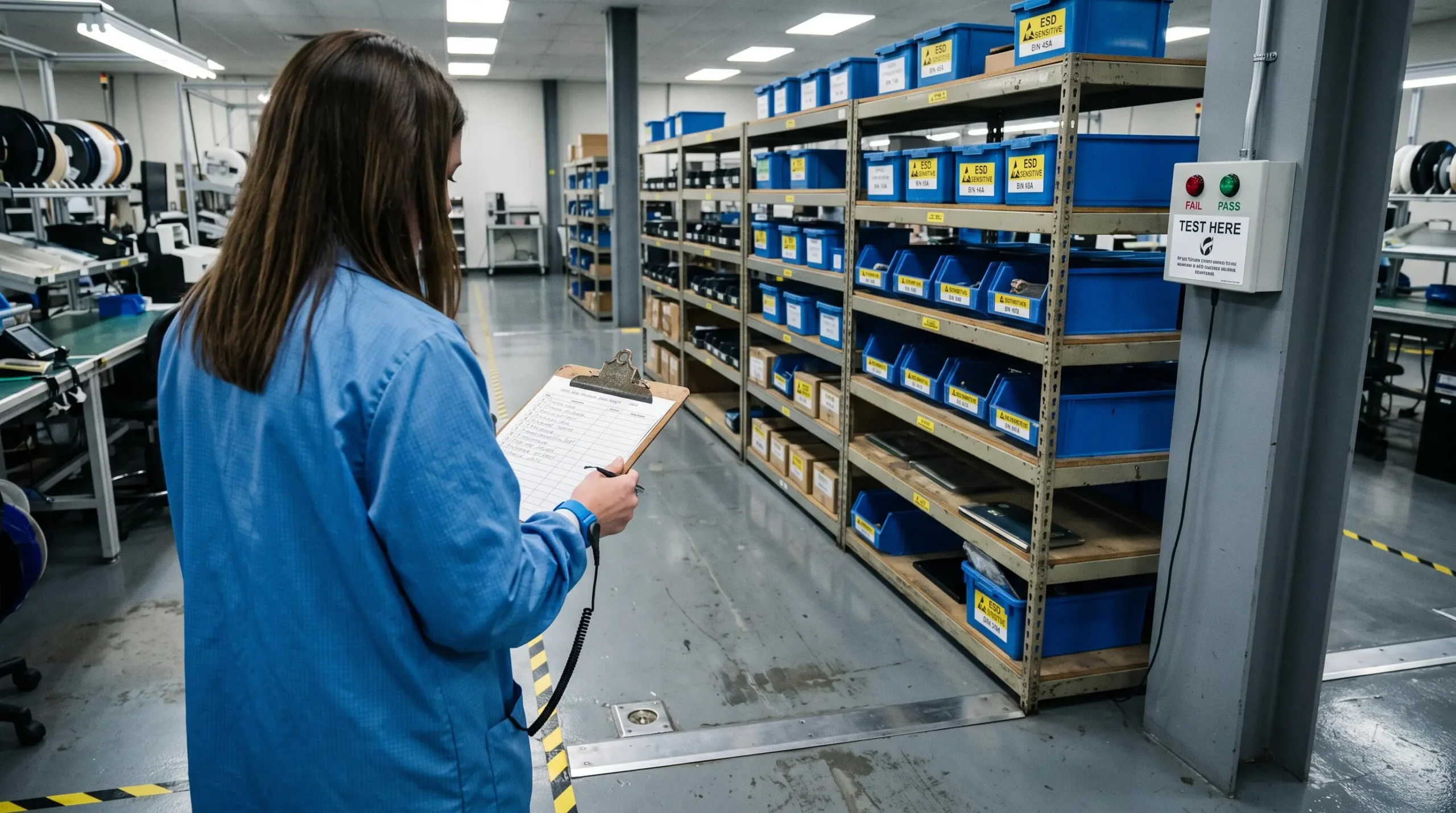 An engineer reviews a compliance checklist while walking through an EPA production aisle.