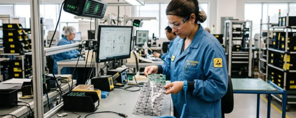 An operator wearing a wrist strap places a circuit board into a shielding bag at a grounded workbench.