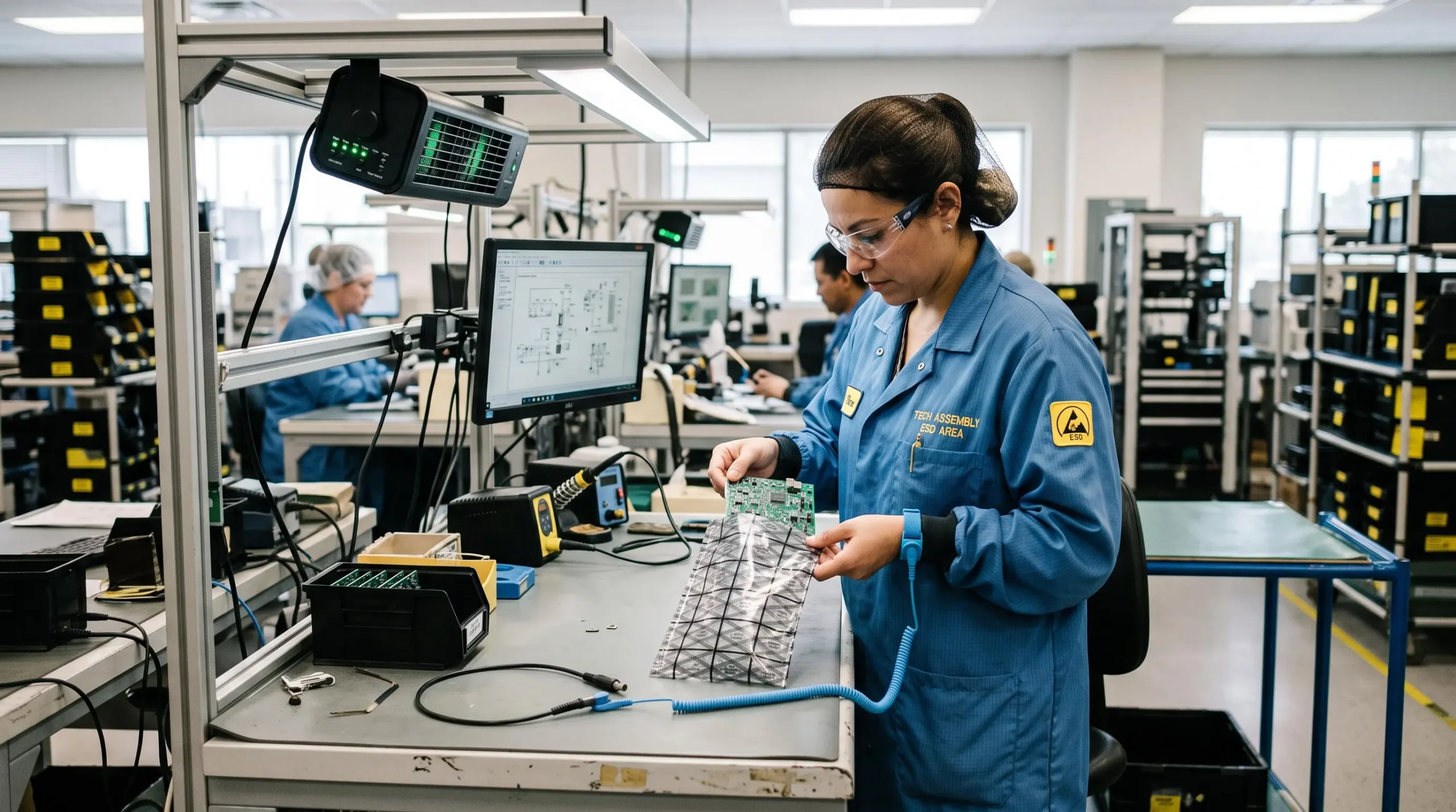 An operator wearing a wrist strap places a circuit board into a shielding bag at a grounded workbench.