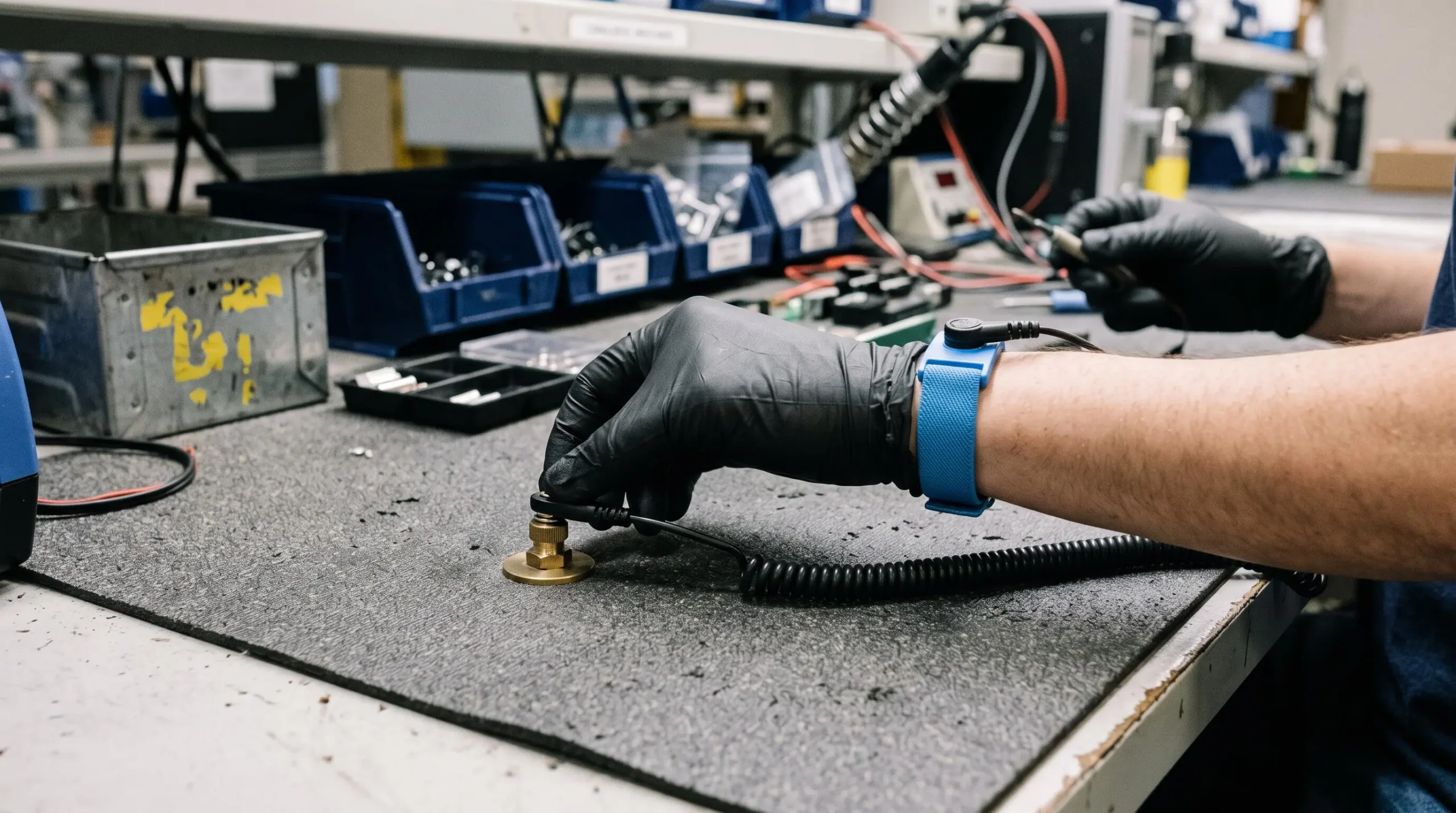 Gloved hands connect an ESD wrist strap cord to a grounding stud on a conductive bench mat.
